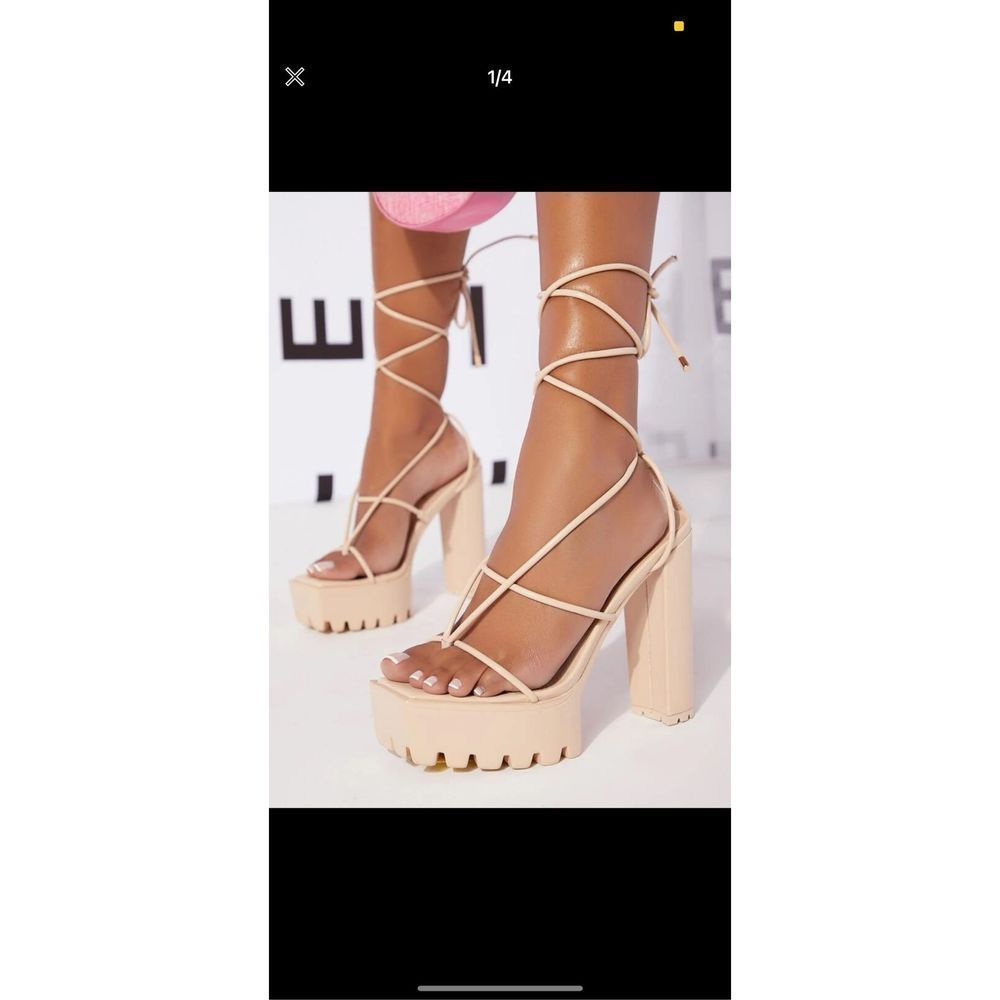 Shein Faux Leather Criss Cross Straps Lug Sole Chunky Heels - Picture 2 of 2